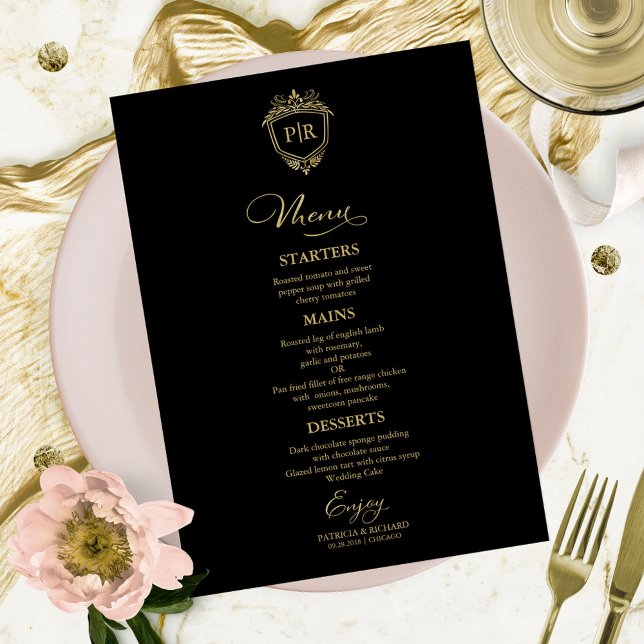 Monogram Wedding Menu Cards Black And Gold (Creator Uploaded)