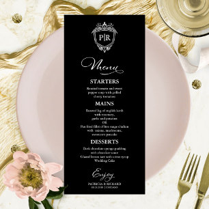 Monogram Wedding Menu Cards Black And White