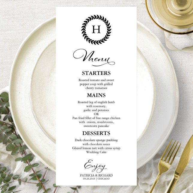 Monogram Wedding Menu Cards Black And White (Creator Uploaded)