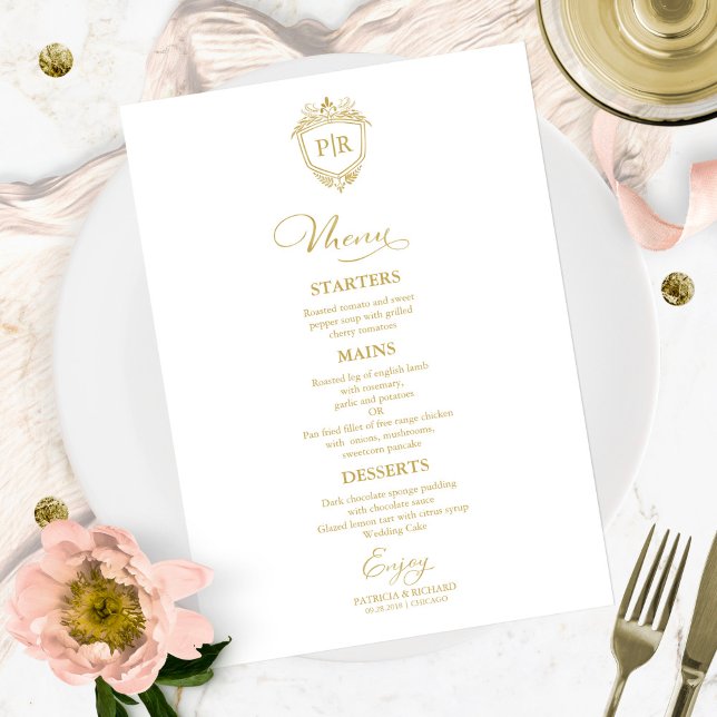 Monogram Wedding Menu Cards Gold Script (Creator Uploaded)