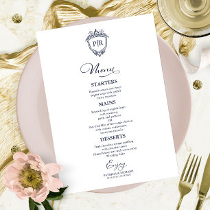 Monogram Wedding Menu Cards Navy Blue