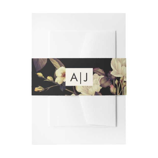 Monogram Wedding Moody Floral Black Invitation Belly Band (Front Example)