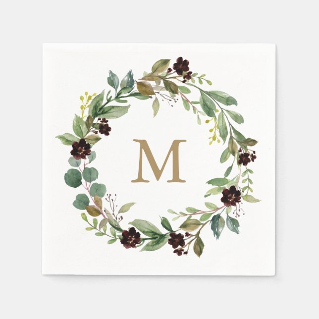 Monogram Wedding Napkin Greenery Napkin (Front)