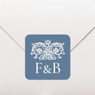 Monogram Wedding Ornate Floral Blue Square Sticker