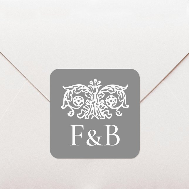 Monogram Wedding Ornate Floral Dark Gray Square Sticker (Creator Uploaded)