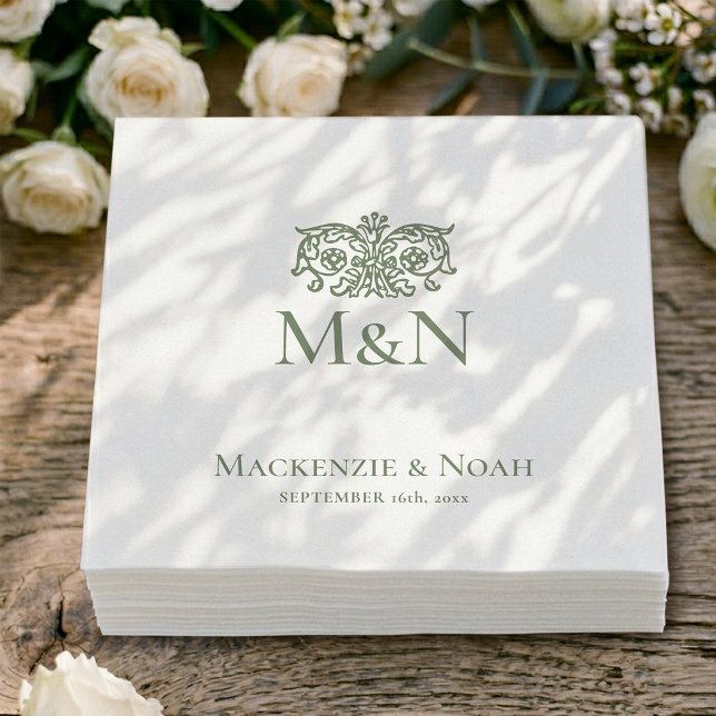 Monogram Wedding Ornate Floral Green Paper Napkin (Creator Uploaded)