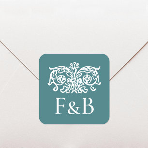 Monogram Wedding Ornate Floral Teal Green Square Sticker