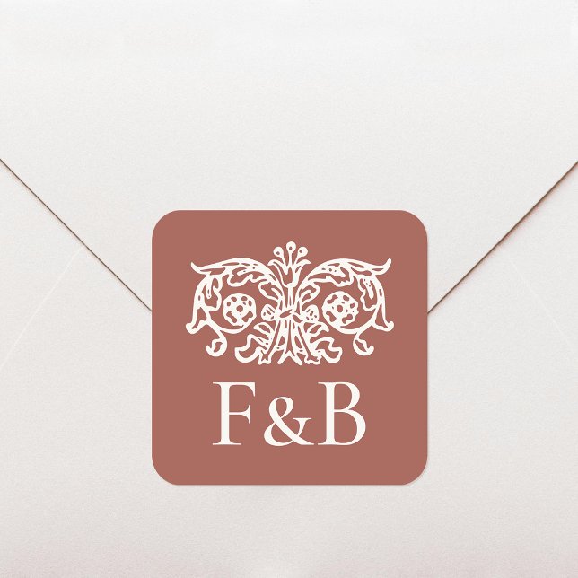 Monogram Wedding Ornate Floral Terracotta Square Sticker (Creator Uploaded)