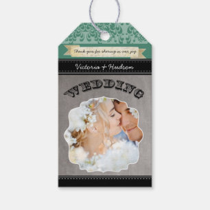 Monogram Wedding Photo Green Damask Pattern Gift Tags