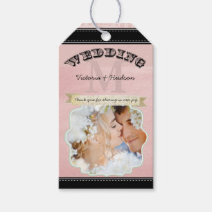 Monogram Wedding Photo Pink Damask Pattern Gift Tags