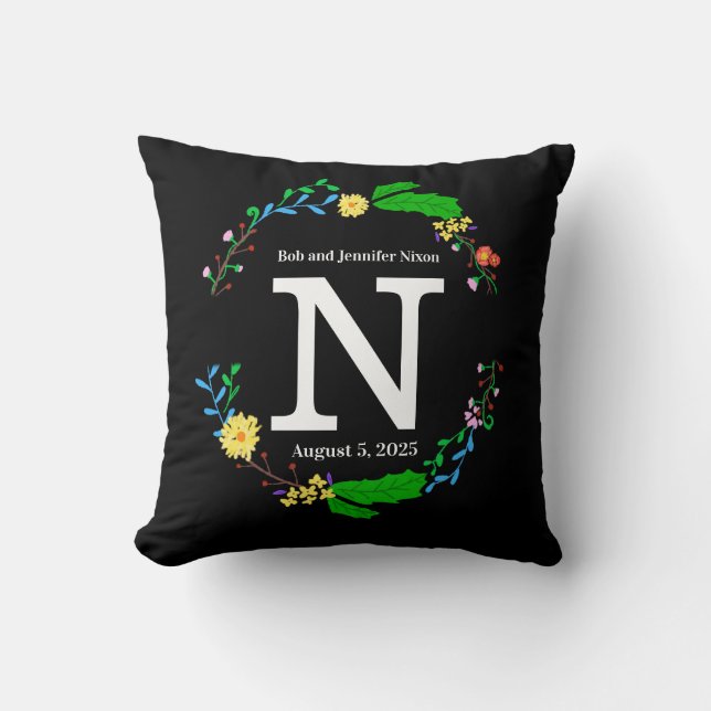 Monogram  Wedding Pillow with Colourful Wreath (Front)
