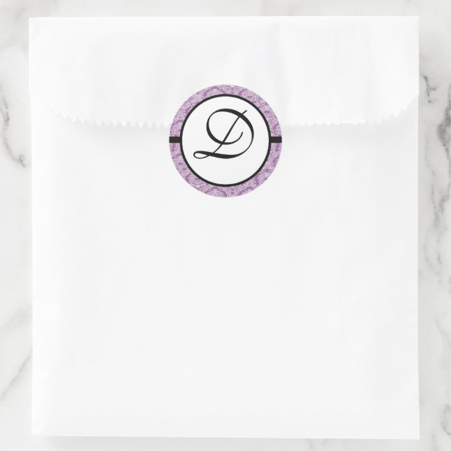 Monogram Wedding Plum Damask Classic Round Sticker (Bag)