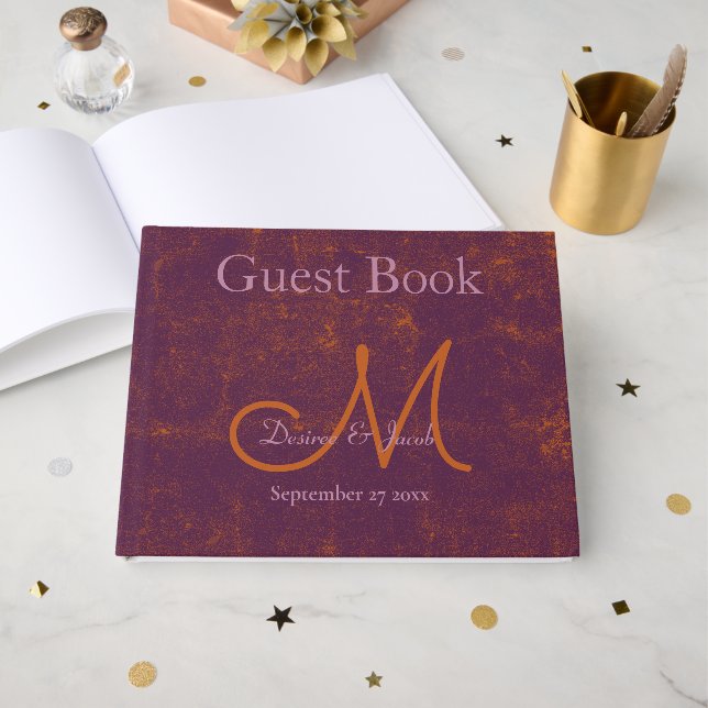 Monogram Wedding Purple Orange Rustic Texture Guest Book (Front Open)