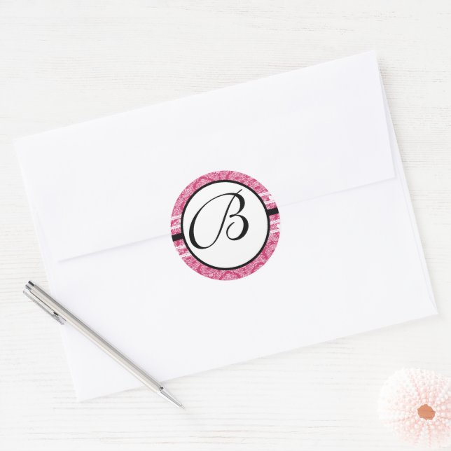 Monogram Wedding Raspberry Damask Classic Round Sticker (Envelope)