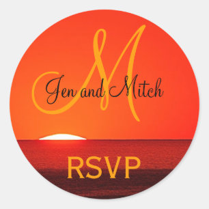 Monogram Wedding RSVP Sunset Photo Classic Round Sticker