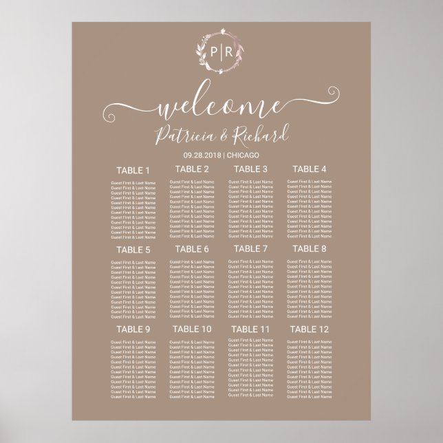Monogram Wedding Seating Chart Sign Foam Board (Front)
