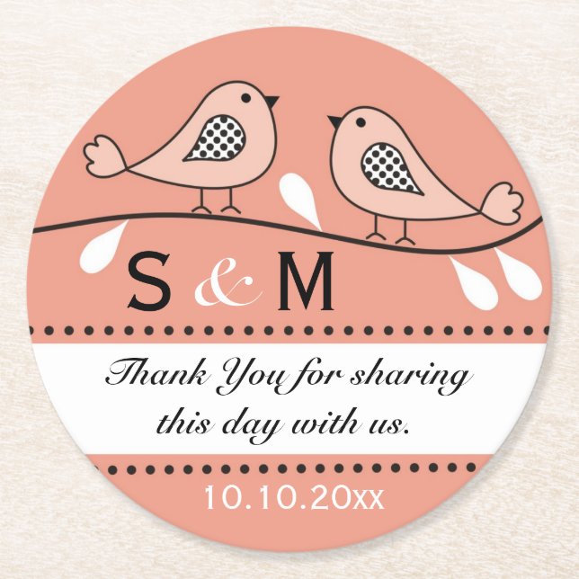 Monogram Wedding Thank You Peach Love Birds Round Paper Coaster (Front)