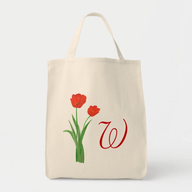 Monogram Wedding tote bags, Red Tulips Bag (Front)
