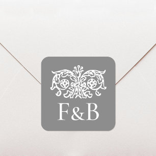 Monogram Wedding Vintage Flower Dark Gray Square Sticker