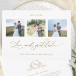 Monogram Wedding With Love and Gratitude Photo  Thank You Card<br><div class="desc">Thank your guests with this elegant three photo collage wedding monogrammed thank you card! Clean and simple white and gold design full of elegance and grace. Phrase "with Love and Gratitude" in modern hand written calligraphy in faux gold foil. Back with elegant hand drawn faux foil monogram with couples initials...</div>