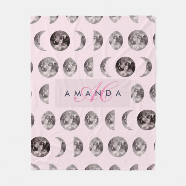 Monogram Whimsical Dreamy Moon Phases Gifts Fleece Blanket (Front)