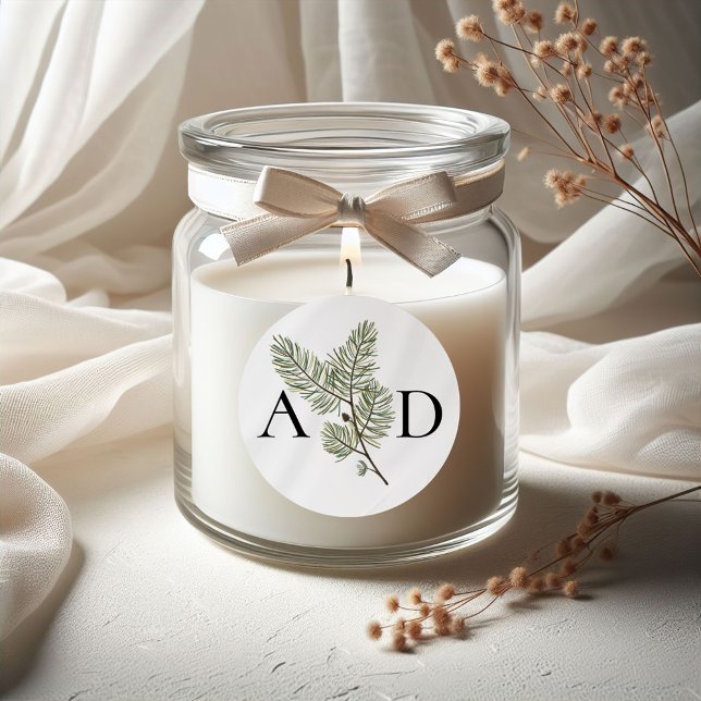 Monogram Whimsical Green and Gold Pine Wedding Classic Round Sticker (Creator Uploaded)