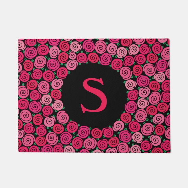 Monogram Whimsical Pink Roses Personalised Doormat (Front)