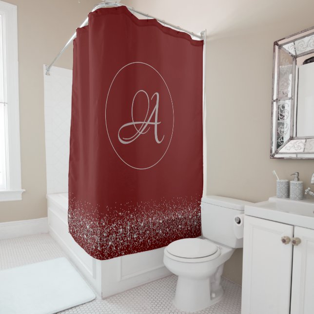 Monogram Whimsical Silver Glitter on Red   Shower Curtain (In Situ)