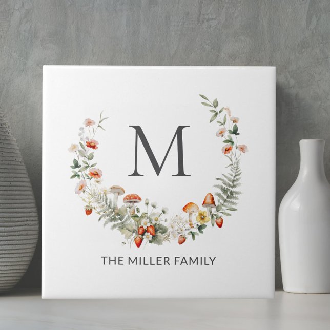 Monogram Whimsical Watercolor Floral Botanical  Ceramic Tile (Close up)