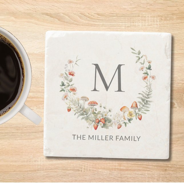 Monogram Whimsical Watercolor Floral Botanical  Stone Coaster (In situ)