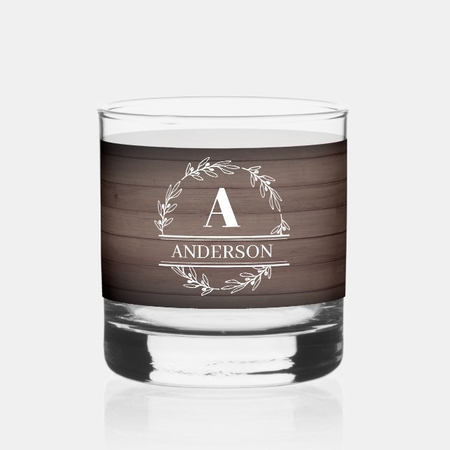 Monogram Whiskey Glass Rustic Wood (Front)