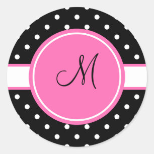 Monogram White and Black Polka Dot Pattern Classic Round Sticker