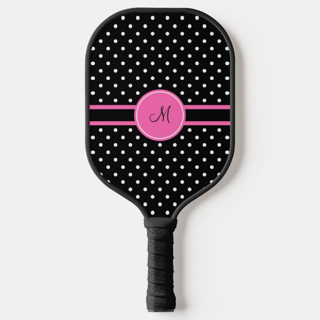 Monogram White and Black Polka Dot Pattern Pickleball Paddle (Front)