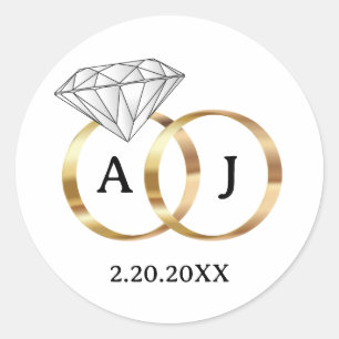 Monogram White and Gold Diamond Wedding Rings Classic Round Sticker