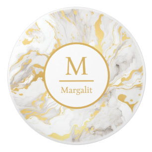Monogram White and Gold Faux Marble Ceramic Knob