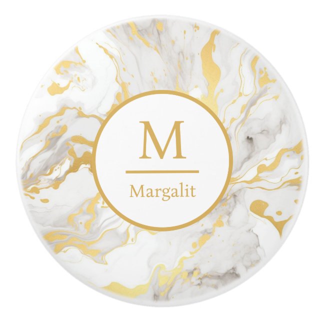 Monogram White and Gold Faux Marble  Ceramic Knob (Front)