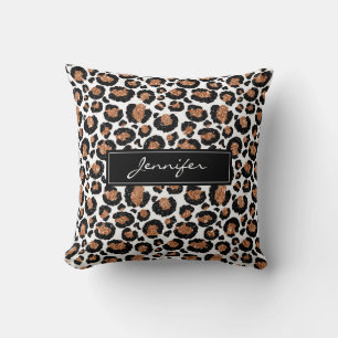 Monogram White and Gold Foil Cheetah Pattern Cushion