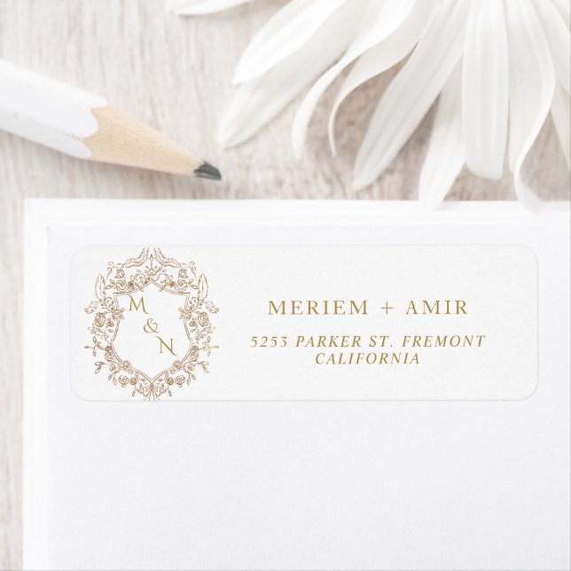 Monogram White and Gold Wedding Return Address  Label (Insitu)