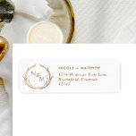 Monogram White and Gold Wedding Return Address Return Address Label<br><div class="desc">Elegant wedding return address label with exquisite hand-drawn monogram with couples initials. White and gold design with exquisite hand drawn monogram wreath in faux gold foil. Initials and text in golden hues.</div>