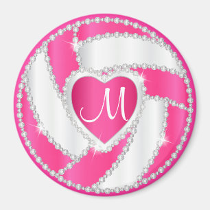 Monogram White and Hot Pink Diamond Volleyball Magnet
