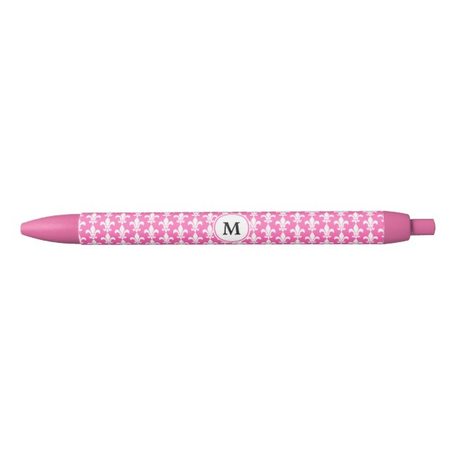 Monogram White and Hot Pink Fleur de Lis Pattern Black Ink Pen (Front)