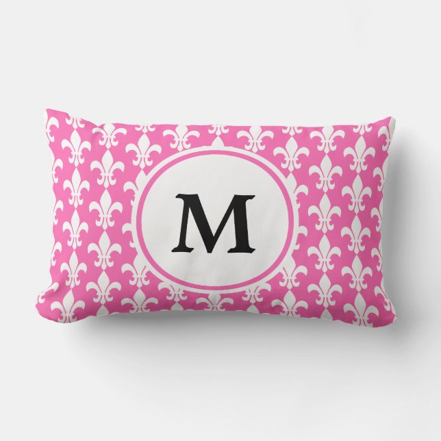 Monogram White and Hot Pink Fleur de Lis Pattern Lumbar Cushion (Front)