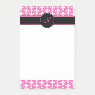 Monogram White and Hot Pink Fleur de Lis Pattern Post-it Notes