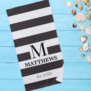 Monogram White and Navy Blue Stripes Family Name Beach Towel