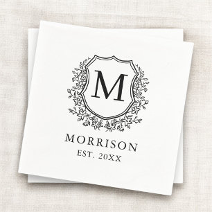 Monogram White Black Crest Botanical Wedding  Napkin