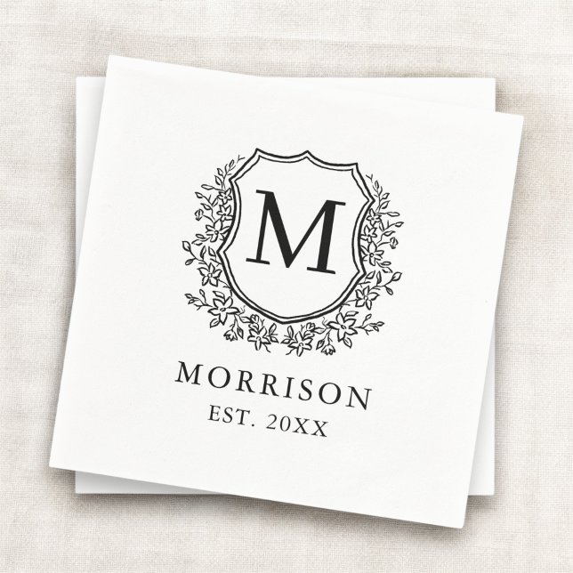 Monogram White Black Crest Botanical Wedding  Napkin (Creator Uploaded)