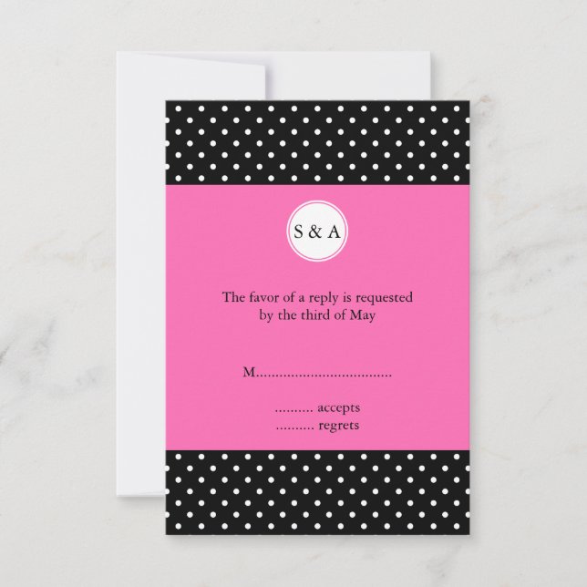 Monogram White Black, Hot Pink Polka Dot RSVP (Front)