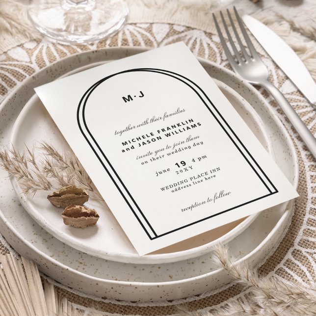 Monogram White Black Minimalist Arch Wedding Invitation (Creator Uploaded)