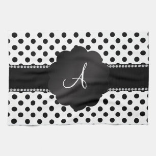 Monogram white black polka dots tea towel