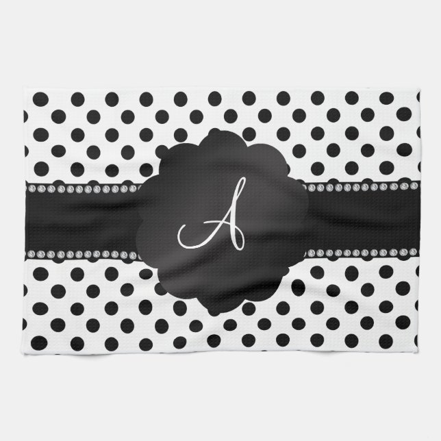 Monogram white black polka dots tea towel (Horizontal)